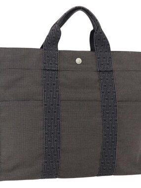 HERMES Her Line Tote MM Hand Bag Canvas Gray Silver Auth 172062